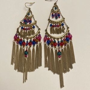 Large Multi Tier Chain Tassel Colorful Bead Boho Earrings